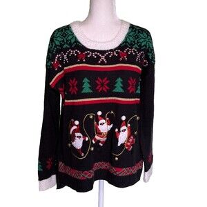 Celebrate Together Women's Black Ugly Christmas Sweater Santas & Jingle Bells XL